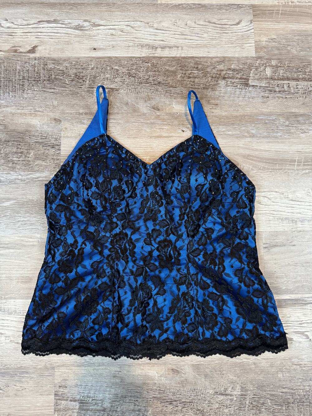 Vintage 80s 90s Blue Black Lace Corset Bustier Top Goth Romantic Party XL